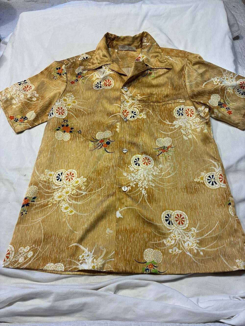 Vintage 60s Holo-Holo Hawaiian Shirt Ochre Gold Kimono Pattern Aloha Shirt